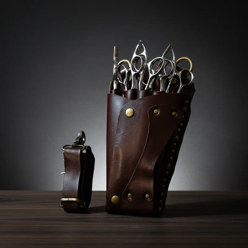 Elegante fondina in pelle marrone: proteggi 5 forbici per capelli