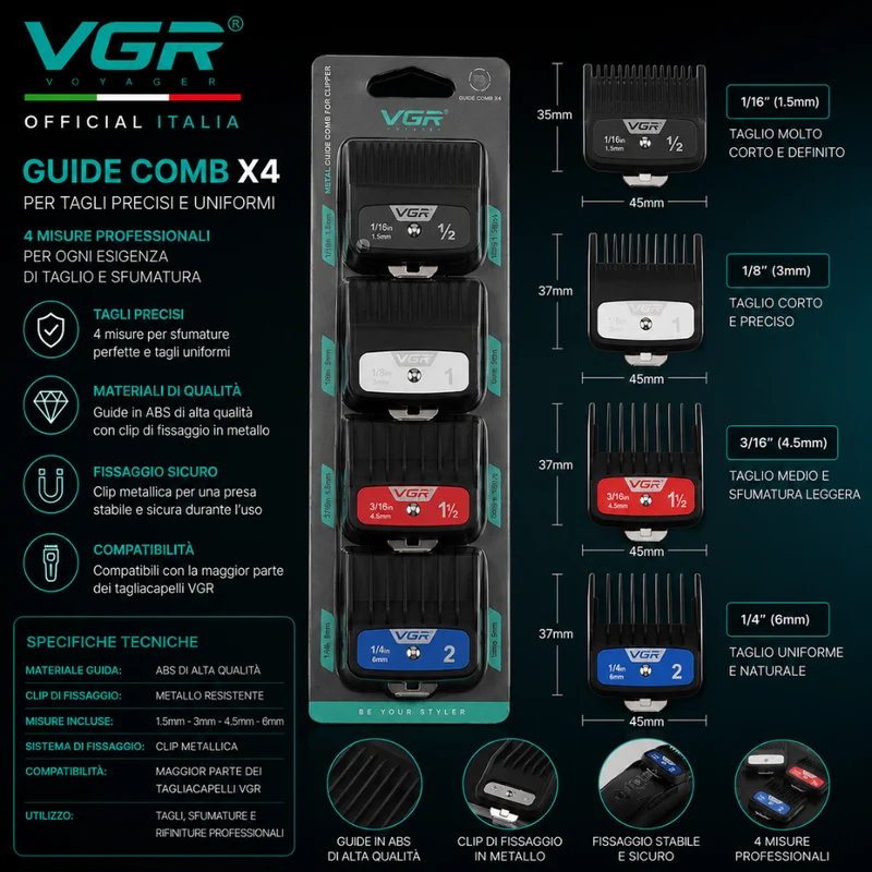VGR Guide Comb X4 – Kit Guide Rialzo Professionali 1,5 / 3 / 4,5 / 6 mm