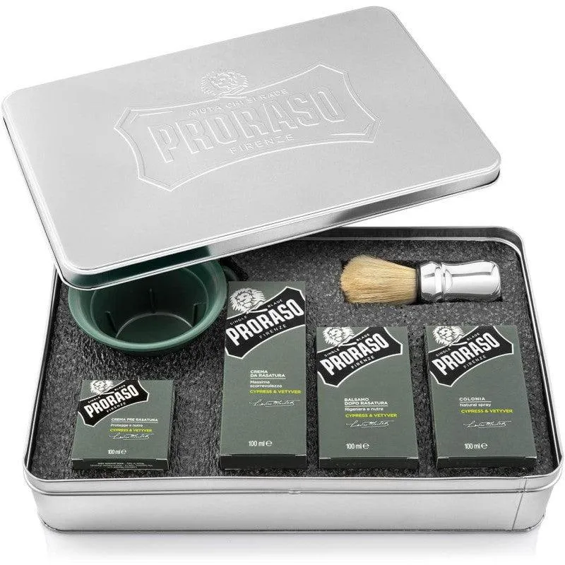 Kit 6 pz Proraso 912490 cypress e vetyver scatola metallo ciotola pennello colonia shaving cream pre shave after balsamo per rasatura perfetta barba